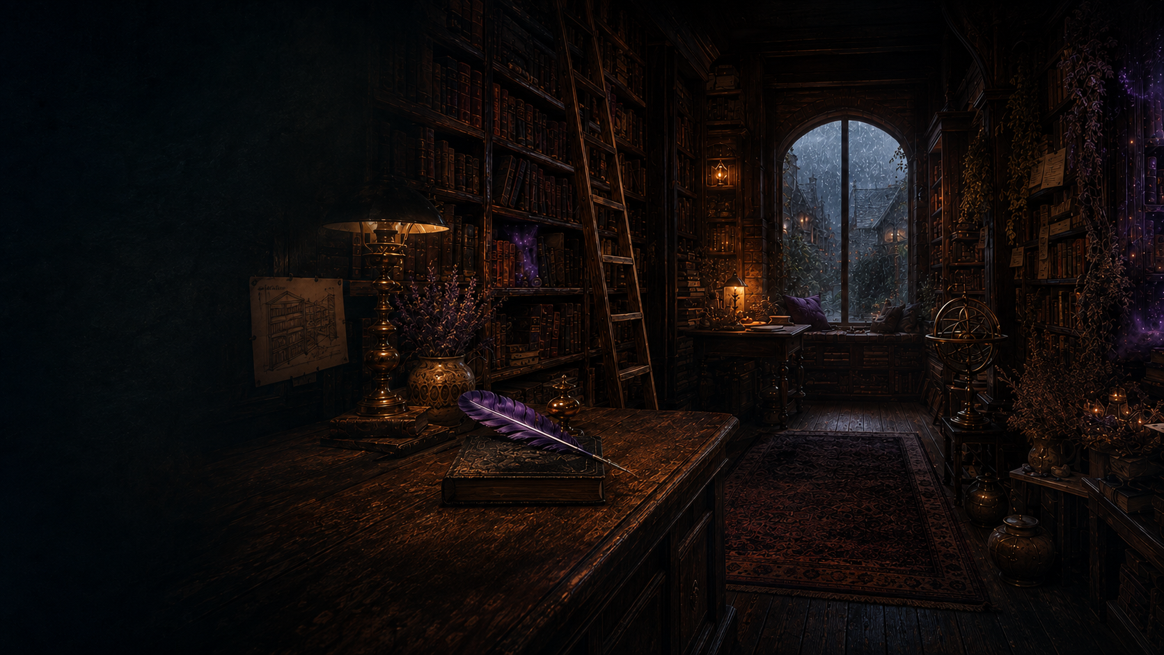 The Windmere Quill bookshop interior at night