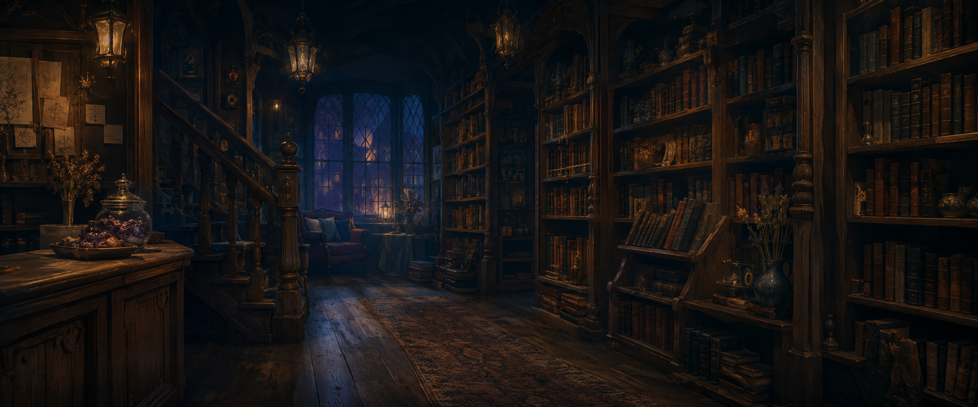 The candlelit interior of the Windmere Quill library