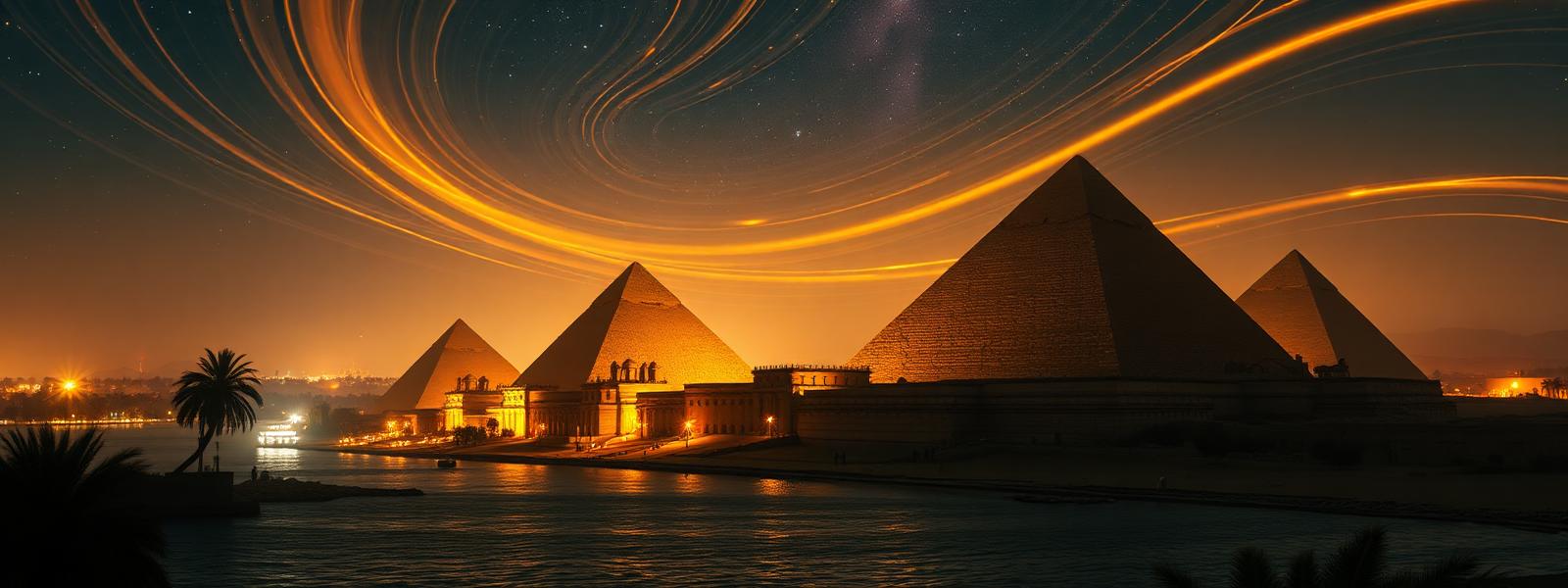 The pyramids at night above the Nile